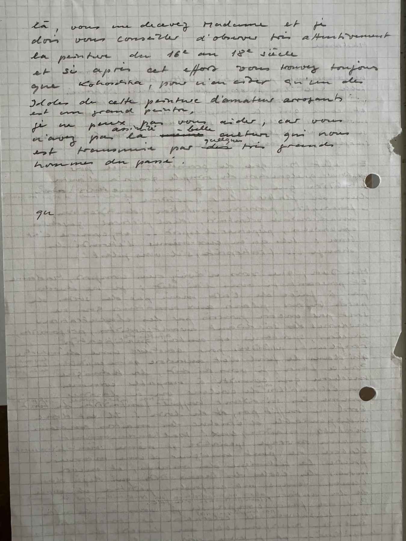 Seconde page manuscrite à l'encre noire sur papier quadrillé, marges annotées.