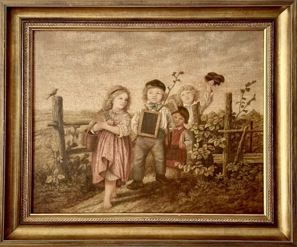 Huile sur toile : un groupe d'enfants réunis autour d'une ardoise devant une barrière de bois, encadrement doré.