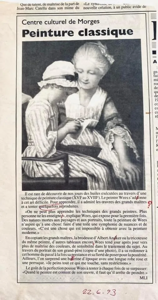 Coupure de journal intitulée « Peinture classique », Centre culturel de Morges, illustrée d'une scène de genre peinte.