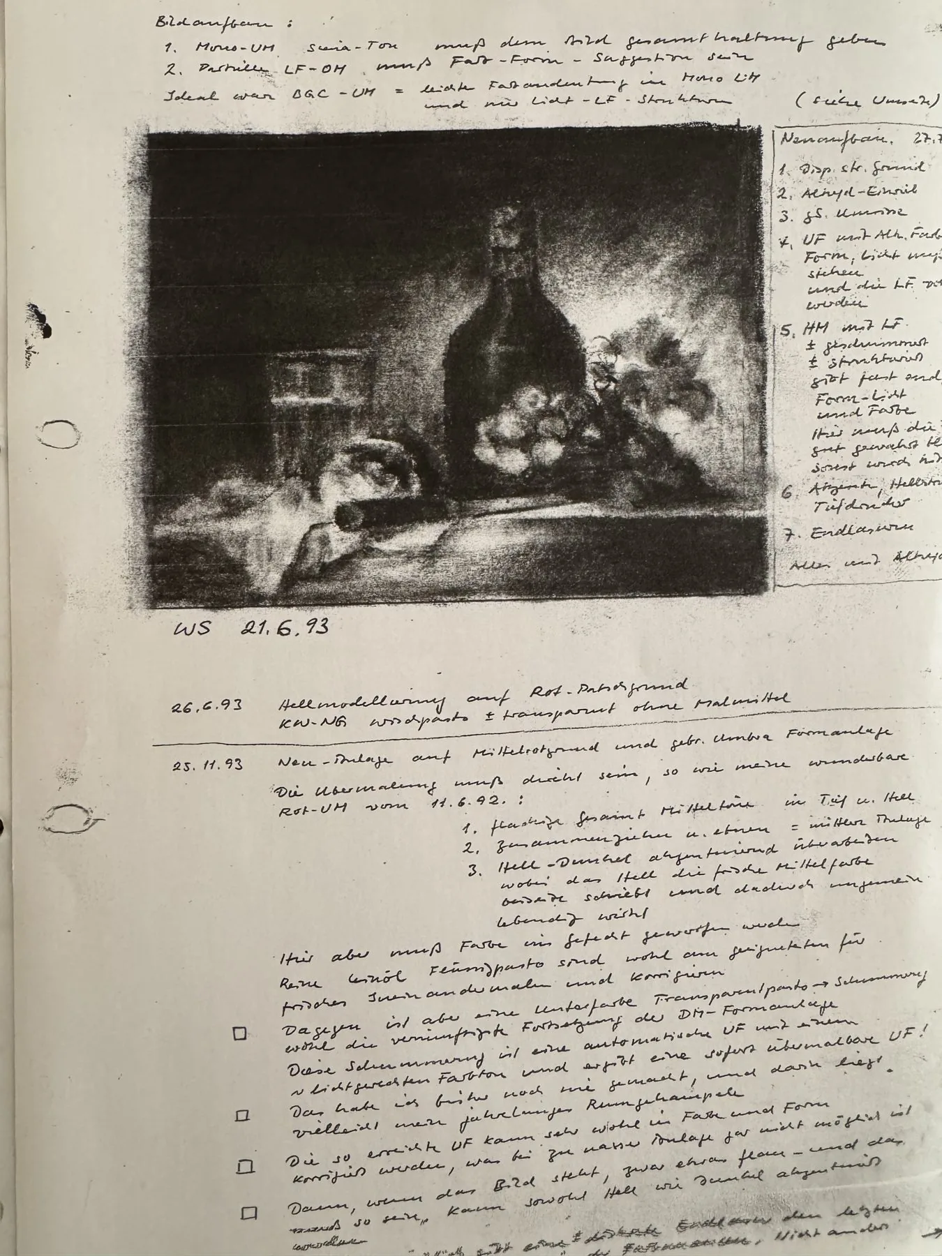 Page de carnet manuscrite accompagnée d'une gravure de nature morte collée en haut de la feuille.