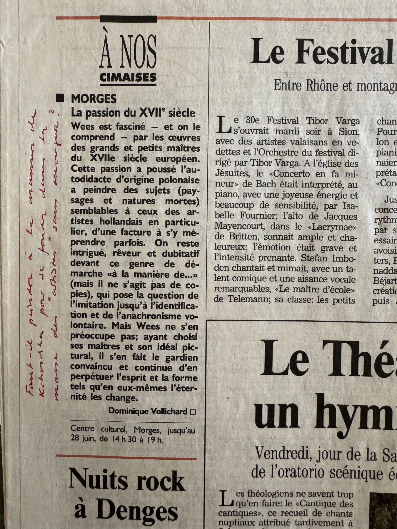 Coupure de journal intitulée « À nos cimaises », rubrique Morges, consacrée à la passion du XVIIe siècle.